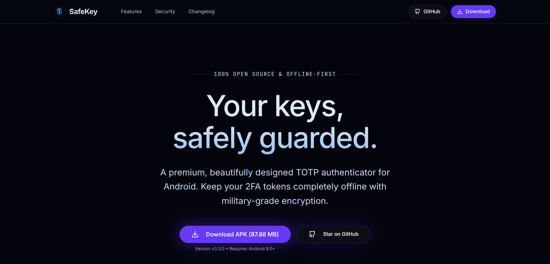 SafeKey website showing the Android authenticator app and its encrypted local vault